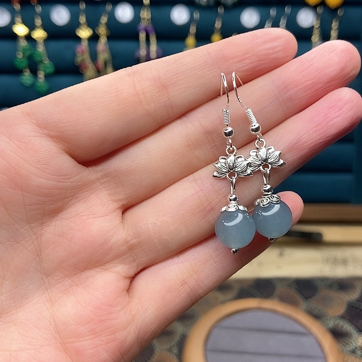 石英质玉耳钉银S925镶嵌