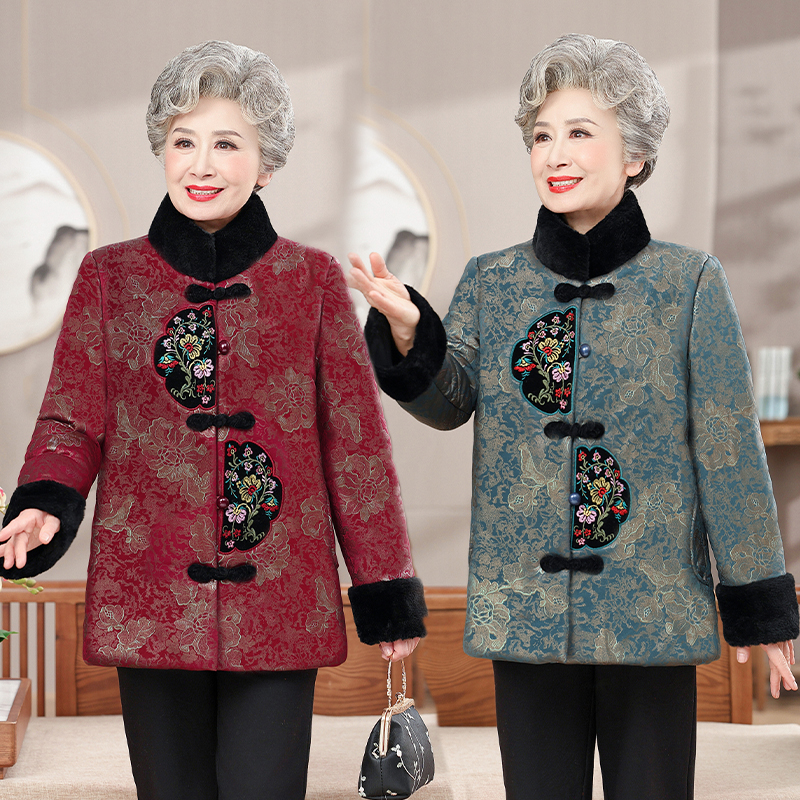 老年人棉服女奶奶冬装唐装棉袄妈妈装棉服老太太加绒外套老人衣服