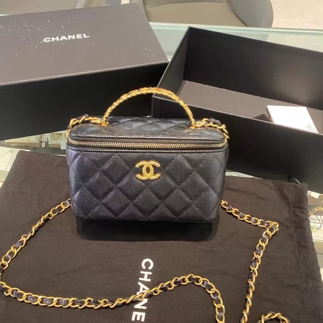 99新 Chanel/香奈儿 新款黑金手柄化妆盒斜挎包