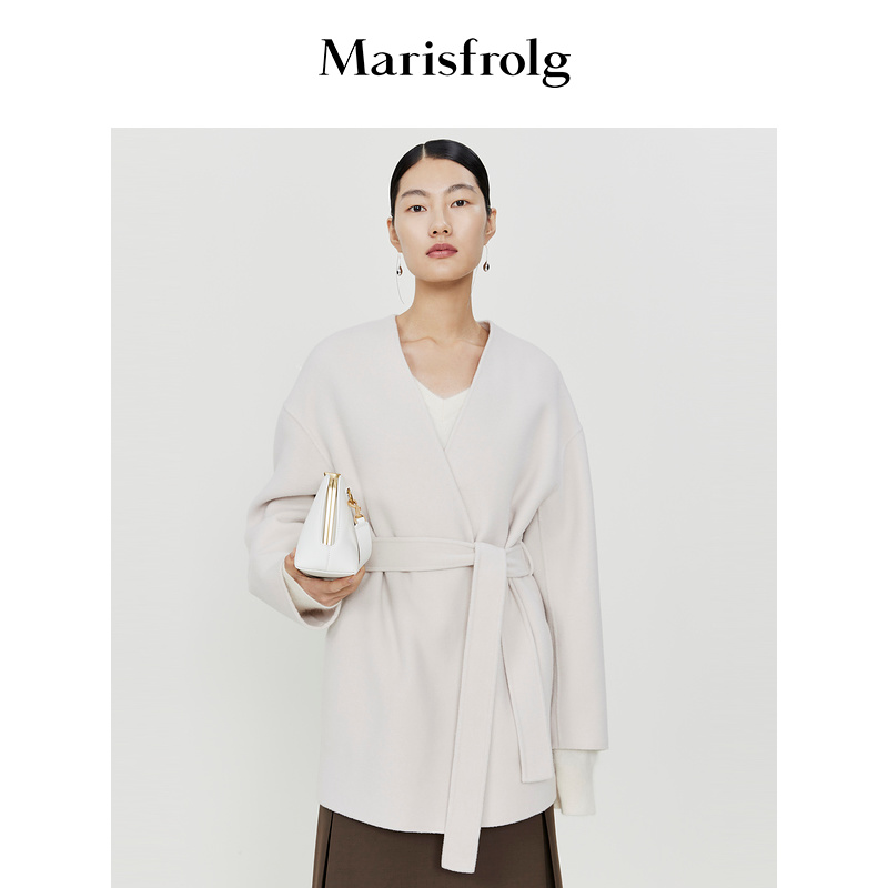 【粉丝专享】Marisfrolg/玛丝菲尔双面翻领设计师系带白色毛呢外套