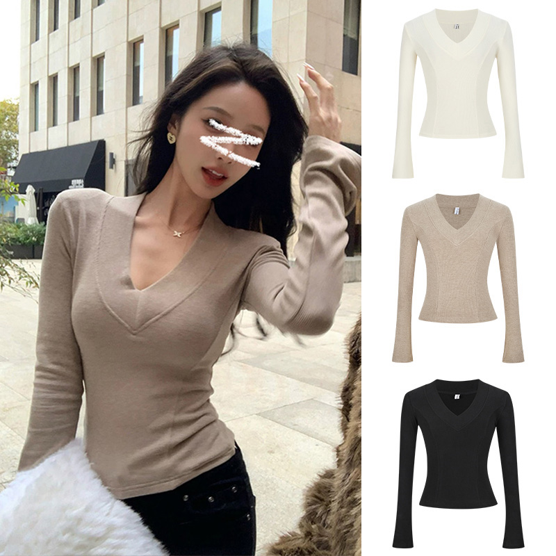 Moses Queen/魔西女王辣妹深V领软糯气质长袖T恤掐腰显瘦修身上衣
