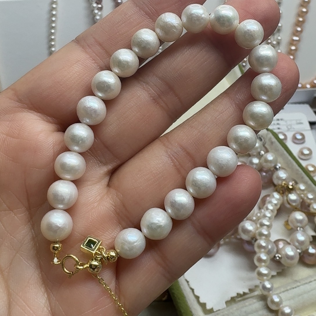 合金手绳淡水珍珠7mm绿珍珠手链微瑕
