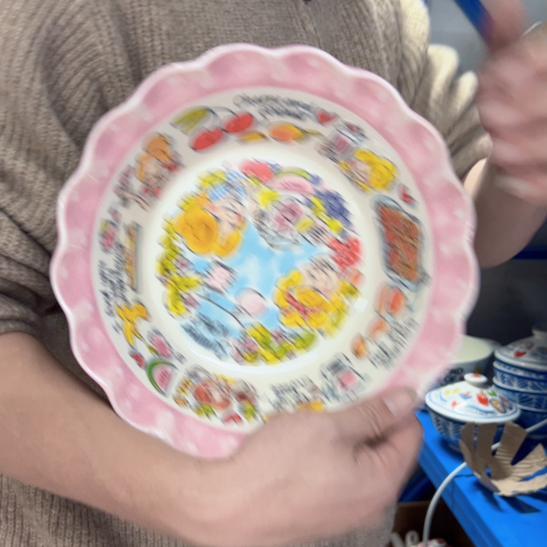 林***间陶瓷粉色波浪边汤碗24微瑕