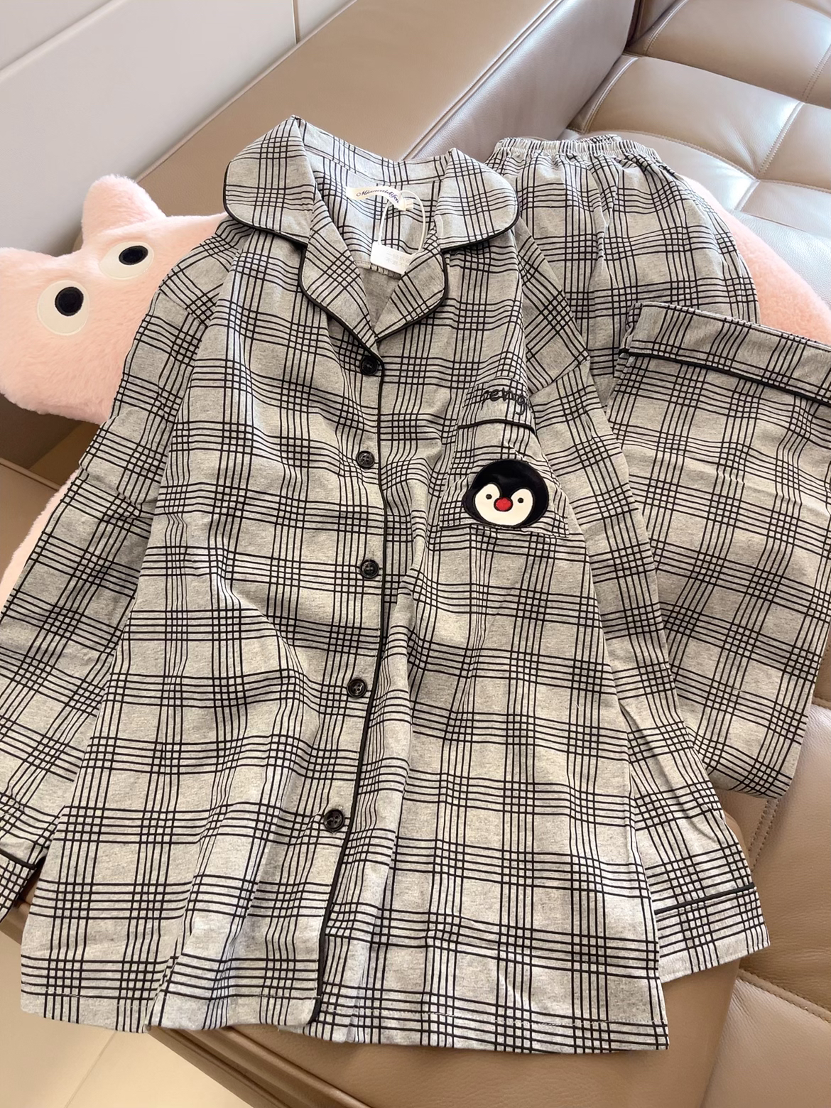 情侣薄棉睡衣女春秋新款卡通灰色格子企鹅休闲开衫长袖长裤家居服
