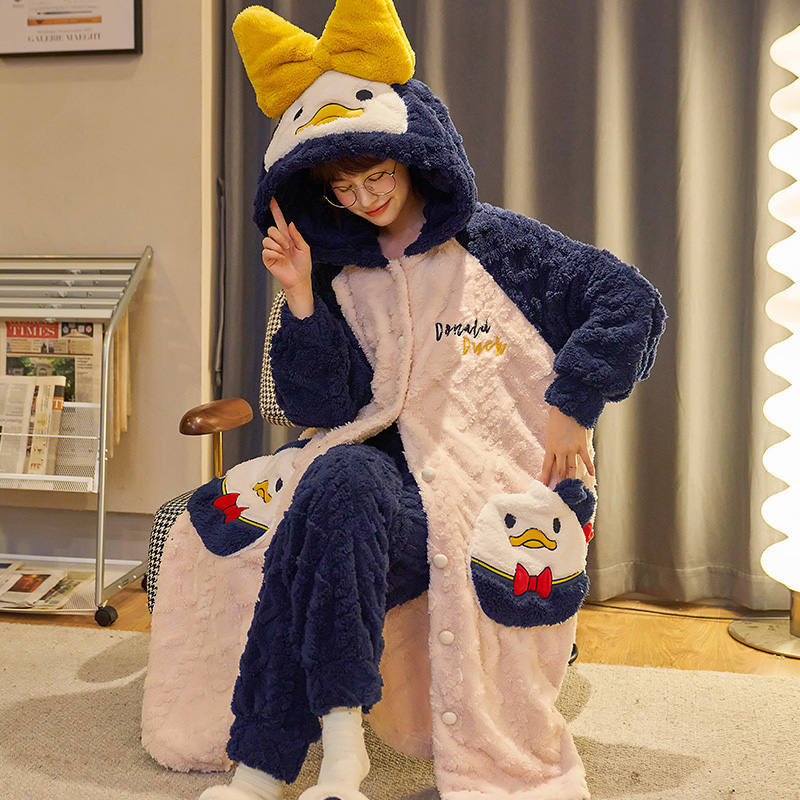 珊瑚绒睡袍女士秋冬季法兰绒睡衣女连帽加厚保暖卡通家居服 2201