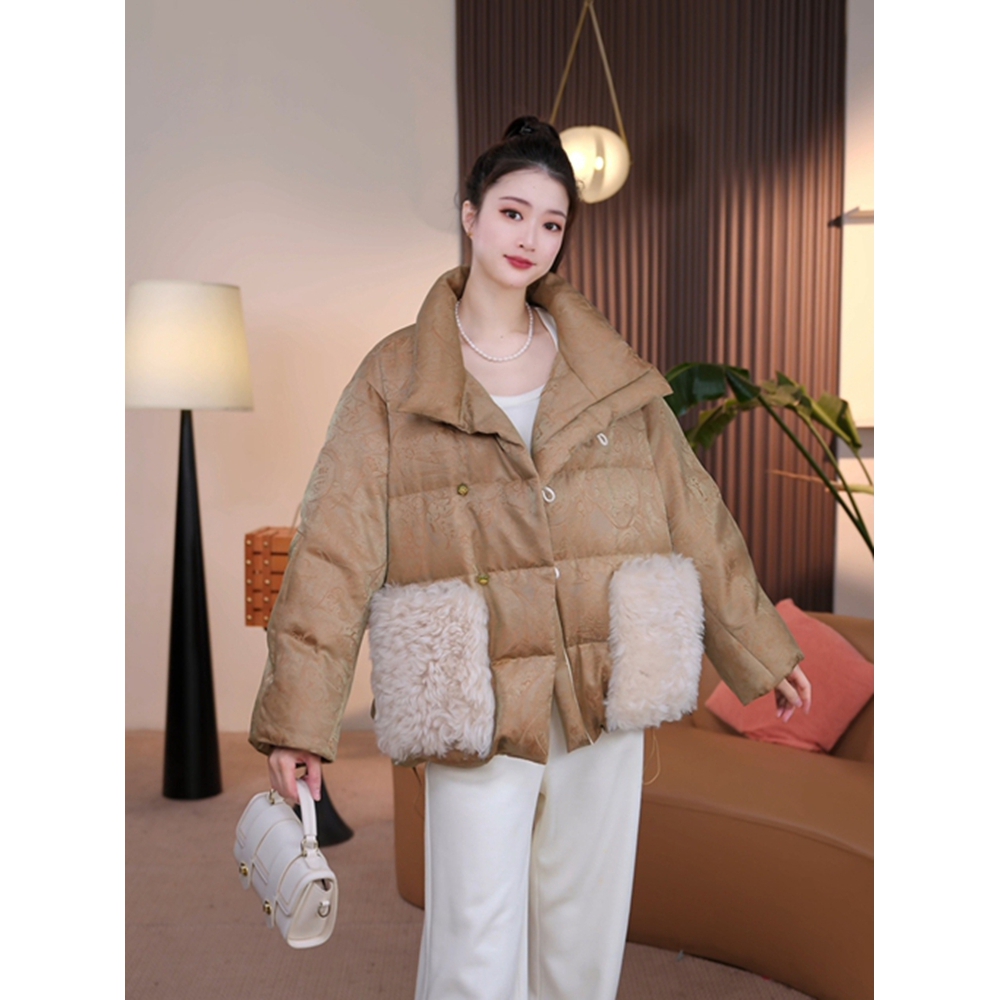 【茅茅专属】26828冬季新款国风复古提花纹理羊毛口袋保暖羽绒服