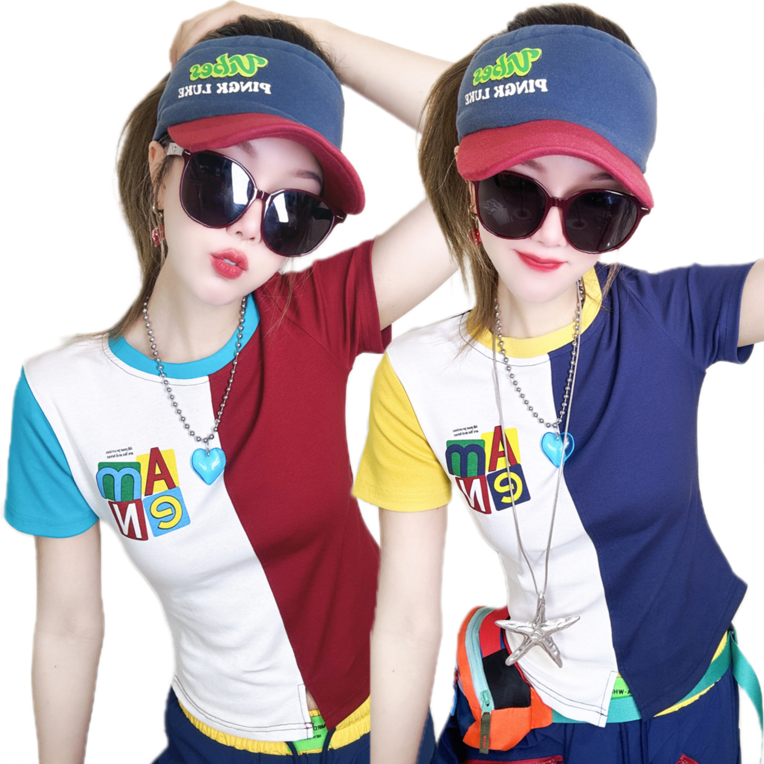 A382夏装新款原创显瘦时尚休闲减龄撞色拼接短袖T恤女