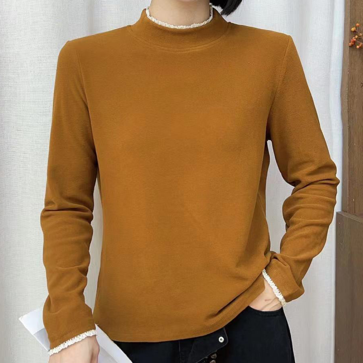 果冻暖绒半高领蕾丝花边打底衫保暖百搭