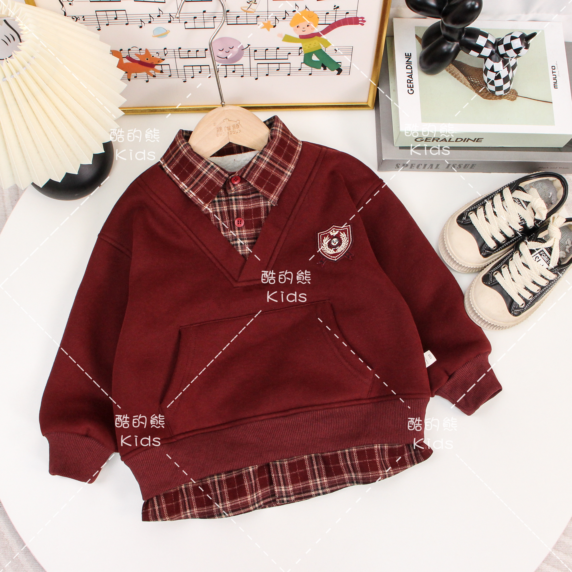 男童女童秋冬加绒假俩件翻领卫衣儿童厚款休闲童装上衣D3T5-1037