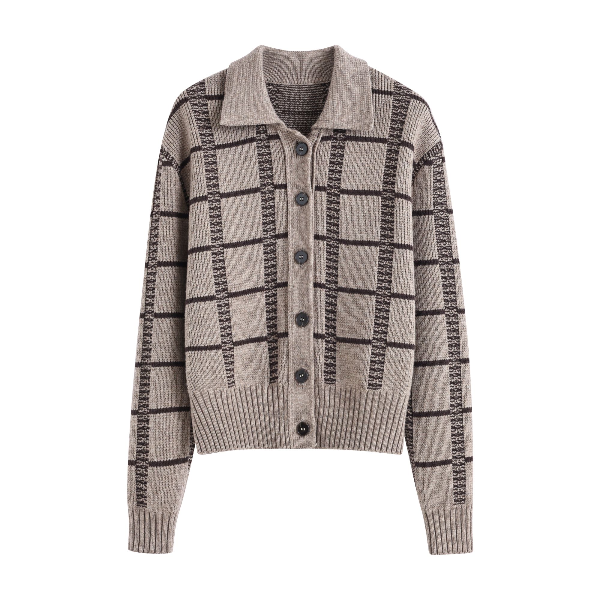 31652 宽松格子羊毛翻领针织开衫毛衣女0098