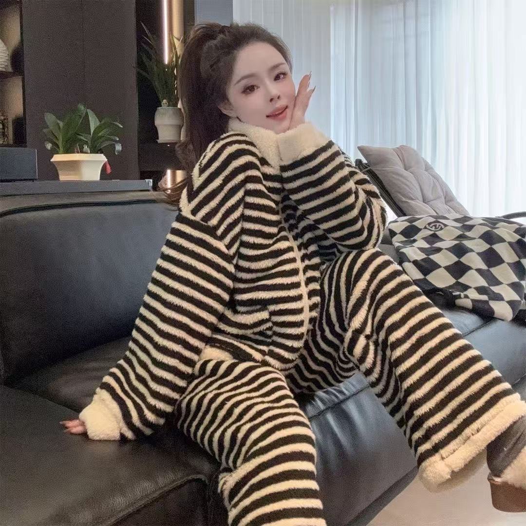 条纹睡衣家居服时尚网红时尚休闲宽松条纹加厚慵懒风秋冬