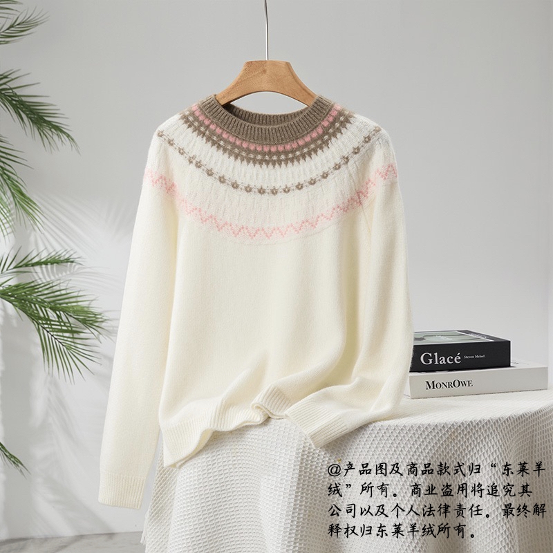 100%纯山羊绒圆领女套头针织宽松型上衣提花撞色羊绒衫百搭拼色