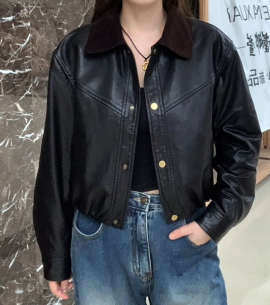 2025秋季新款翻领短款标准复古机车皮衣落肩袖长袖5012