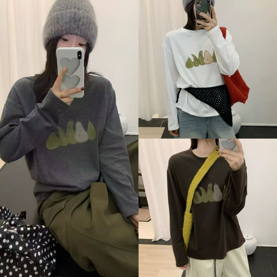 【五个梨子】H韩风软糯磨毛加厚圆领长袖打底衫百搭显瘦长袖衫女