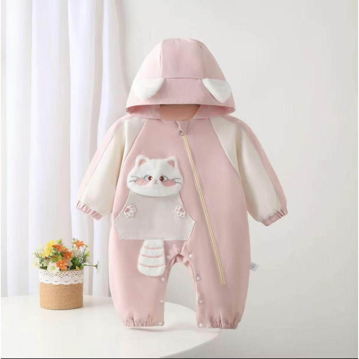 秋冬款婴幼儿加绒冲锋衣猫咪连体保暖爬服