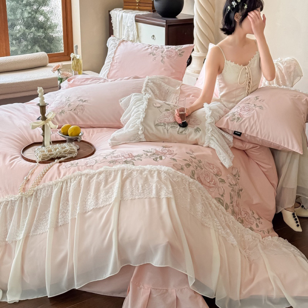 全棉法式蕾丝花边刺绣四件套-茉柔系列-粉