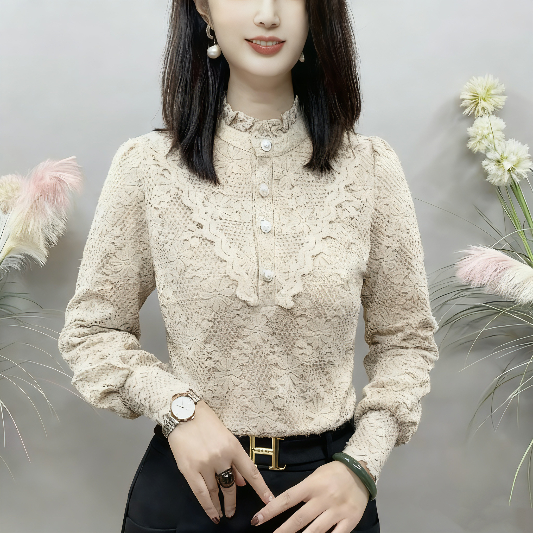 秋冬新款加绒保暖木耳花边领长袖气质百搭衬衫