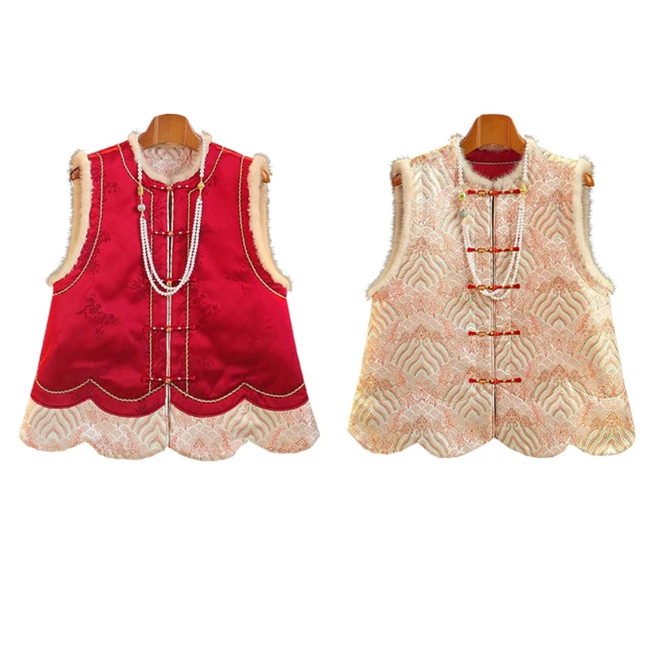 红色中国风新中式新宋锦提花加厚棉双面马甲