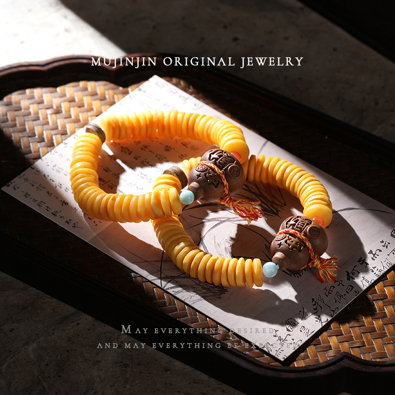 【木槿槿】天然琥珀老蜡蜜蜡药片手链女款设计款手串多样性发一10mm