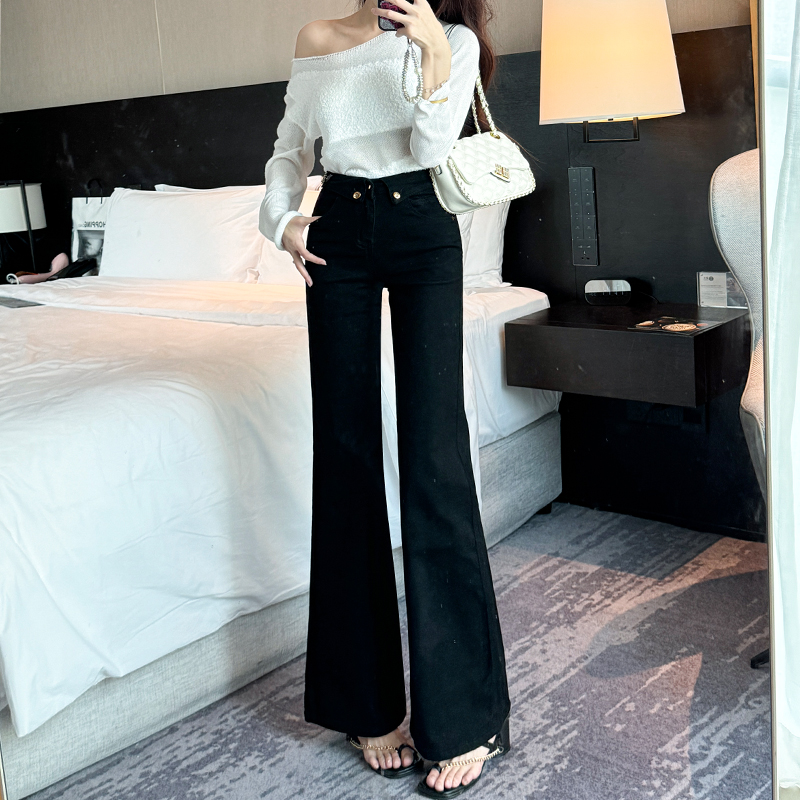 黑色高腰微喇牛仔裤女2025年早秋新款显瘦宽松垂感小个子喇叭百搭