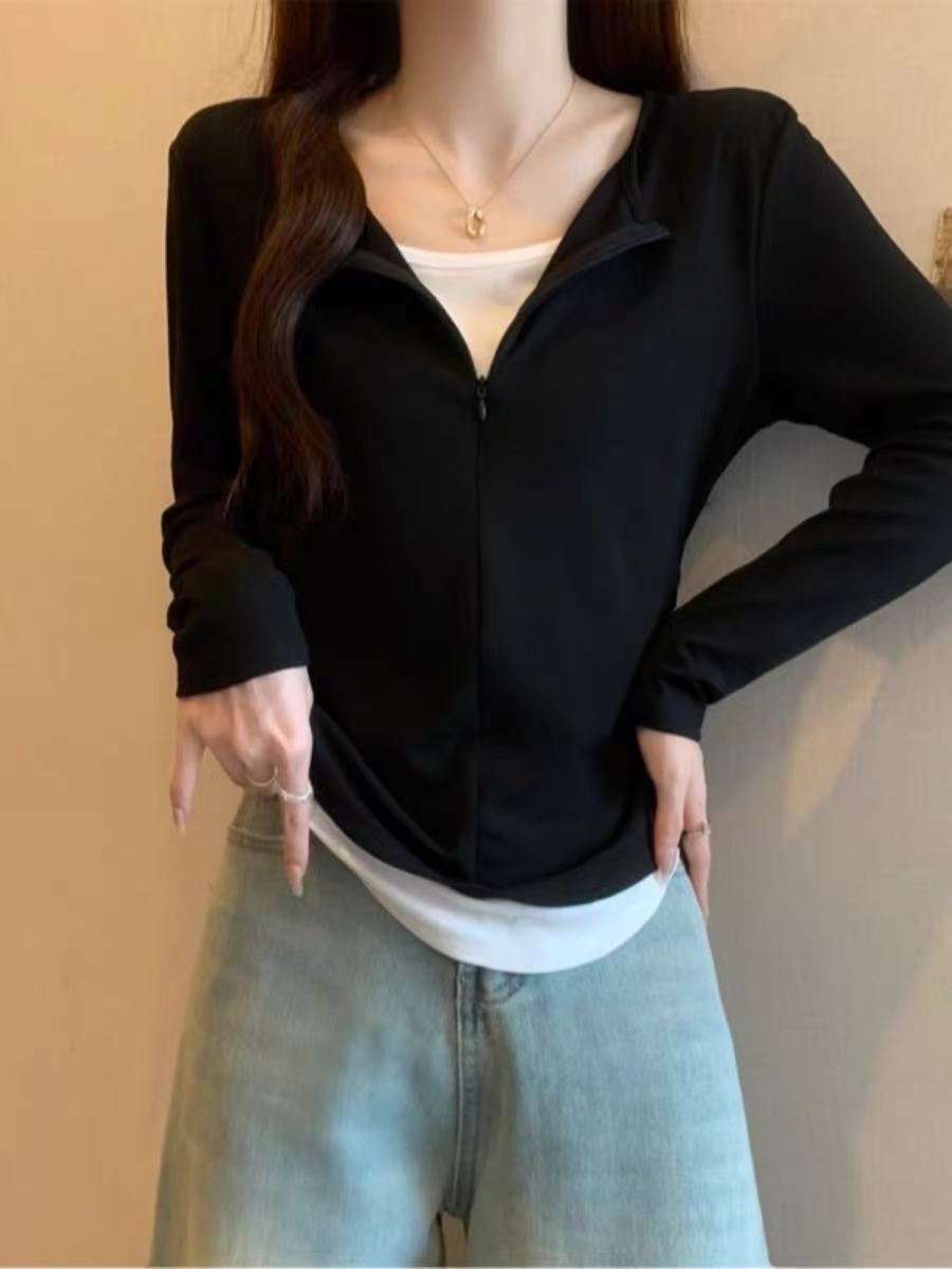 【江油火狐狸】C97949撞色假两件针织打底衫女春秋季V领长袖T恤上衣