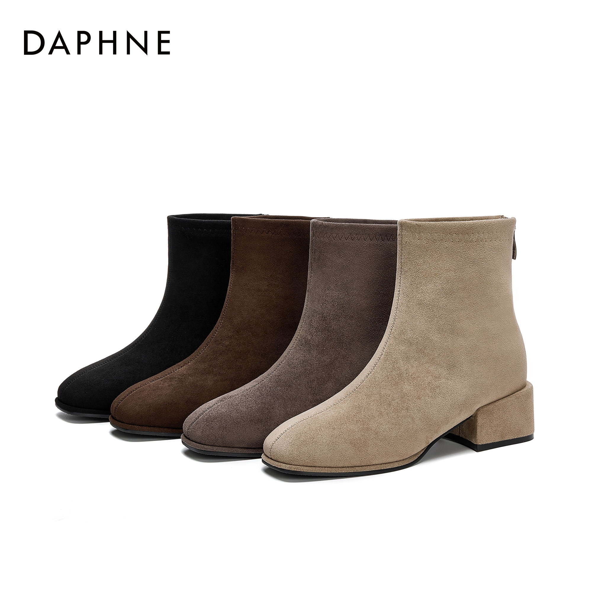 达芙妮马丁靴英伦风靴子方头百搭秋季中跟不累脚高跟靴