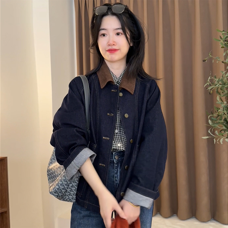谷蔓曲秋季新款巴恩风灯芯绒翻领拼接宽松牛仔短外套女短夹克2025