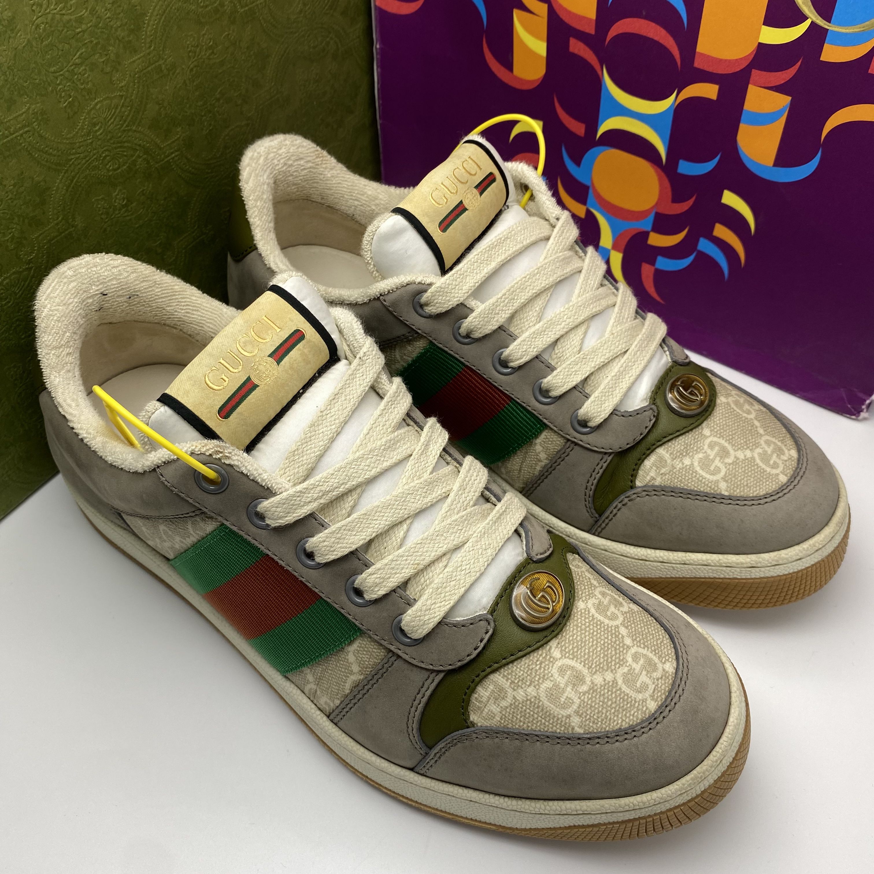 95新 GUCCI/古驰 38.5欧码/男士灰白色双G低帮时尚做旧脏脏鞋