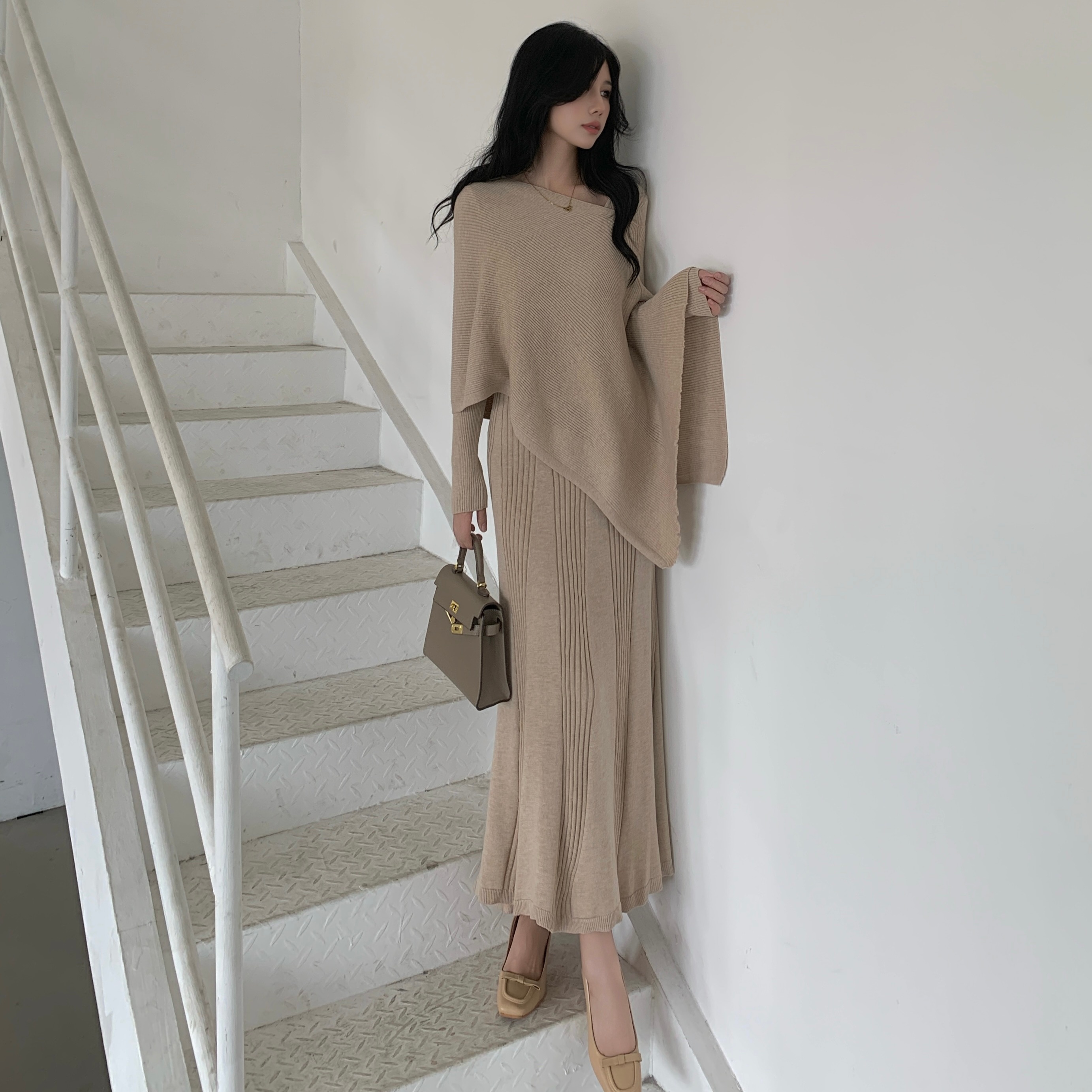 慵懒风复古时尚套装气质秋季打底秋冬针织连衣裙秋冬连衣裙披肩女