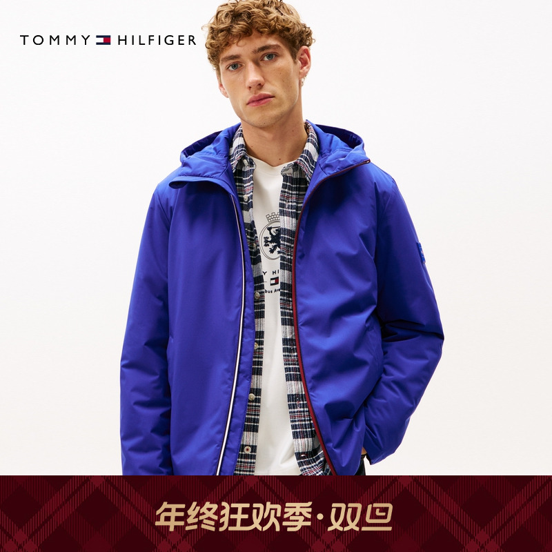 Tommy25新款秋冬男装商务休闲通勤撞色门襟连帽棉服夹克外套41082