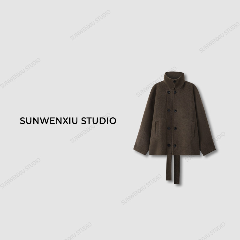 swx studio5店 “冬日序章”羊毛复古气质立领双排扣短款毛呢大衣1