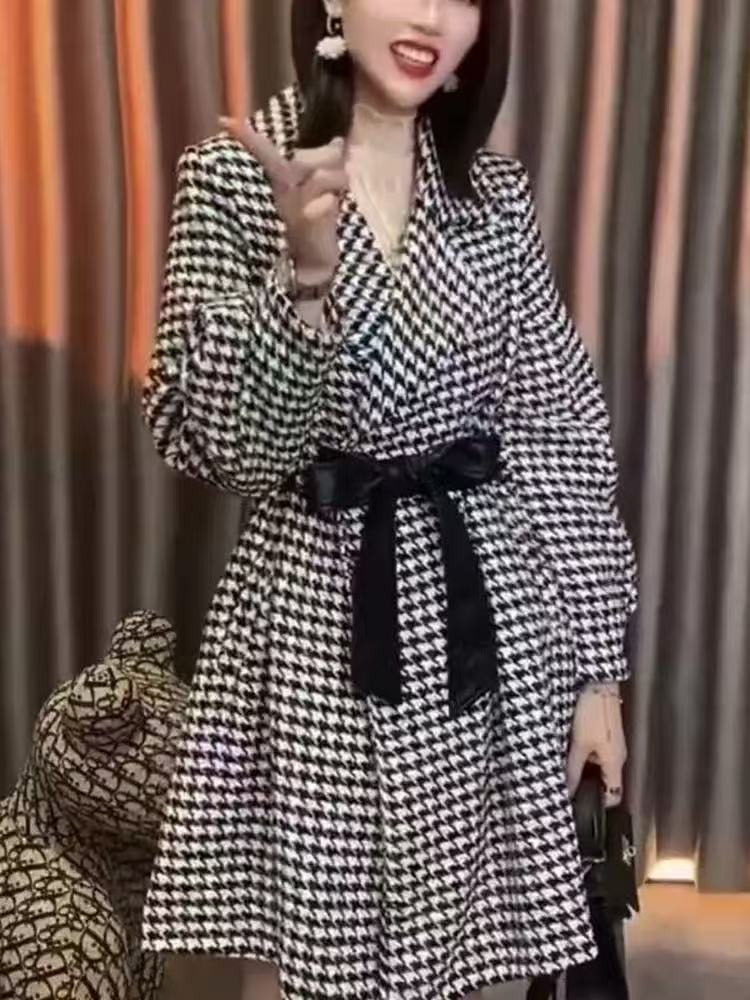 A036 秋冬新款千鸟格外套中长款收腰系带时尚大衣潮女