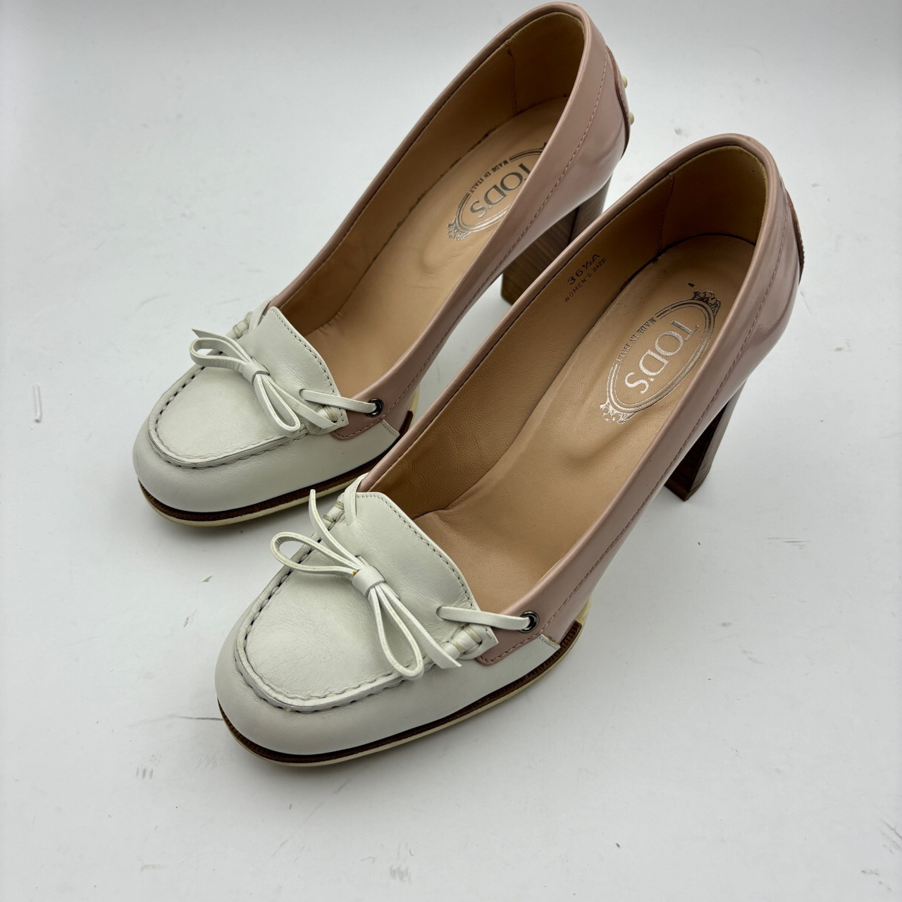 95新 TOD’S/托德斯 36.5码/tod托德斯白粉拼色粗高跟/无盒/95新