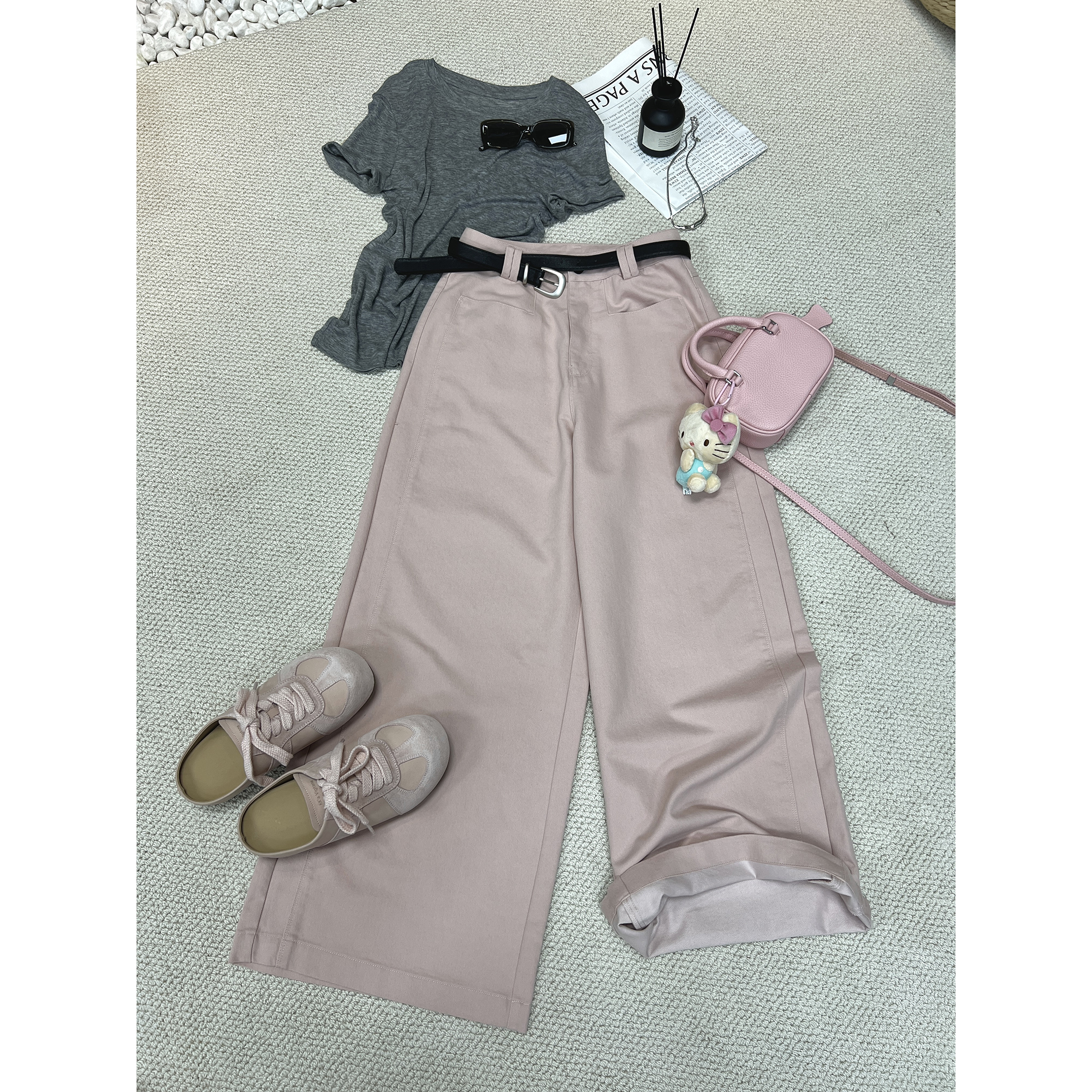 粉色阔腿九分牛仔裤K133（清）