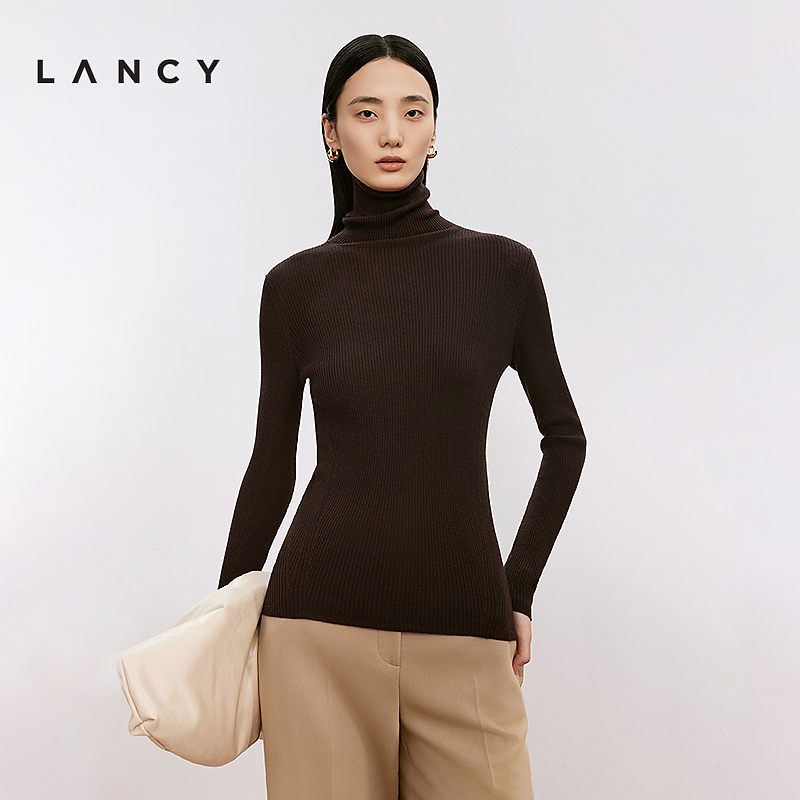 LANCY/朗姿2024冬新款纯羊毛高领修身显瘦针织衫女多色套头打底衫