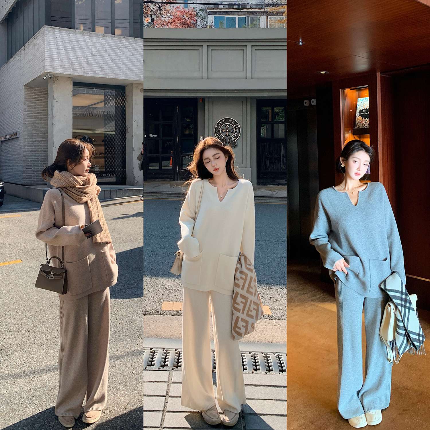 “懒人舒适区”高品10羊绒 静奢风V领慵懒口袋针织-时尚套装！