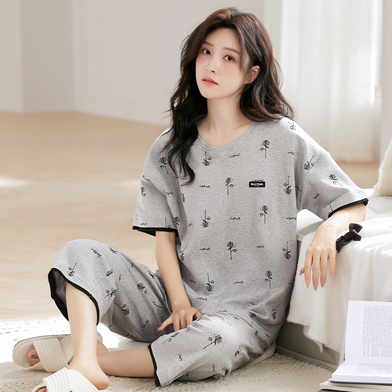 4312夏季带胸垫女士纯棉全棉睡衣短袖七分裤套装睡衣女套装家居服