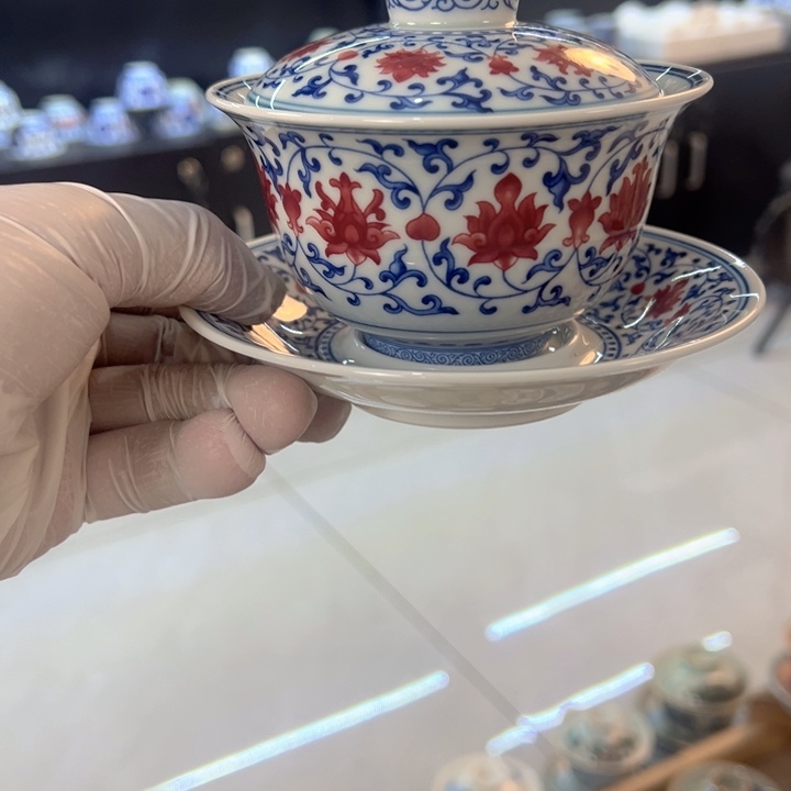 摆件陶白青花釉里红缠枝莲元宝盖碗全品