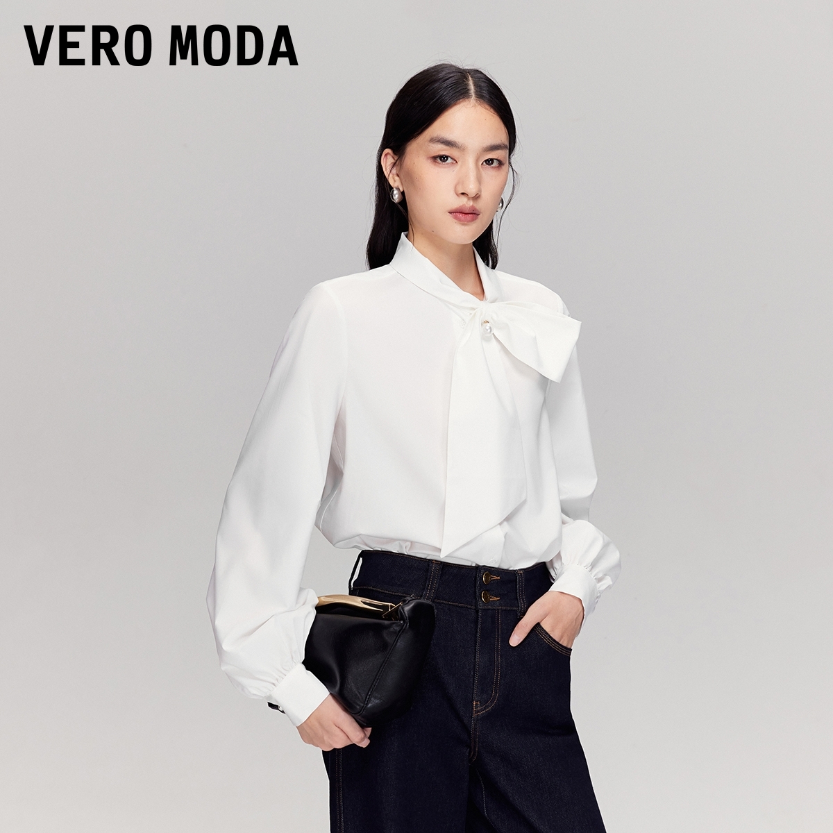 Vero Moda衬衫2025秋冬新款领口飘带仿珍珠吊坠衬衫上衣流光风