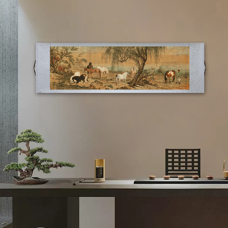 清 郎世宁 郊原牧马图复刻新中式山水国画沙发背景墙装饰画