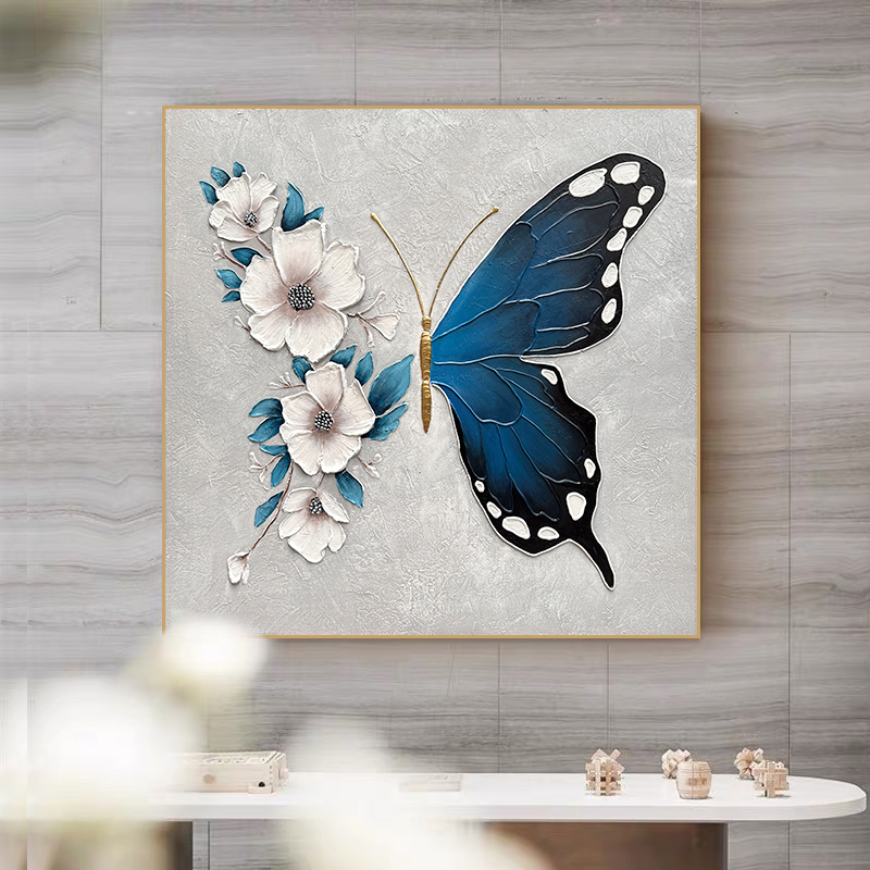 蝴蝶纯手工油画美式轻奢蓝色玄关柜肌理装饰画餐厅卧室方款装饰画