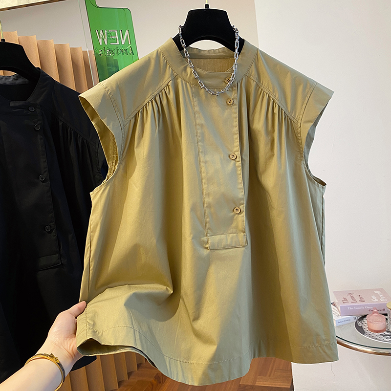 0367新款韩版宽松休闲百褶设计感无袖衬衫女夏季圆领气质小衫上衣