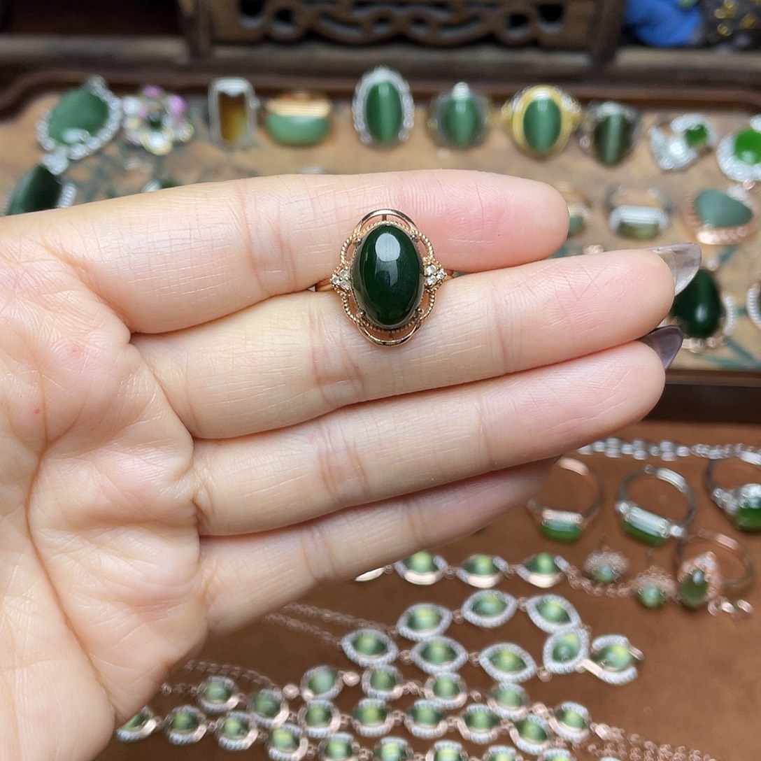 和田玉（碧玉）银S925镶嵌吊坠(不含链)戒指