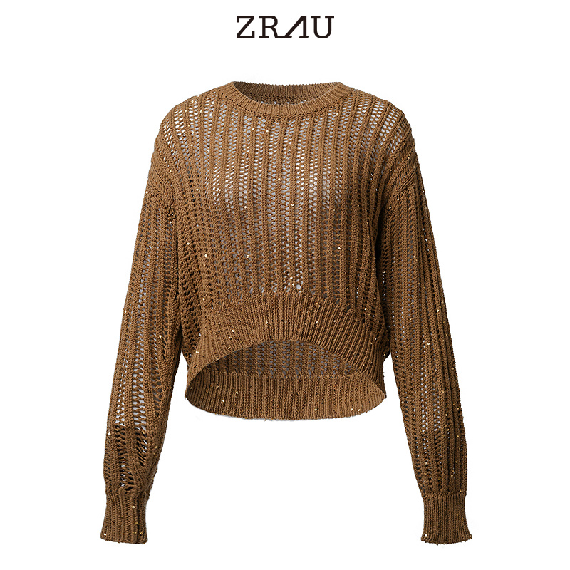 【臻选】ZRAU小众设计圆领镂空宽松针织衫棉100%毛衫Z1251M00