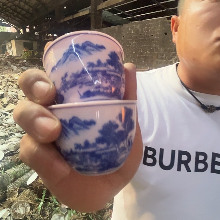 瓷片景德镇陶瓷红嘻嘻富春山居图小缸杯2只