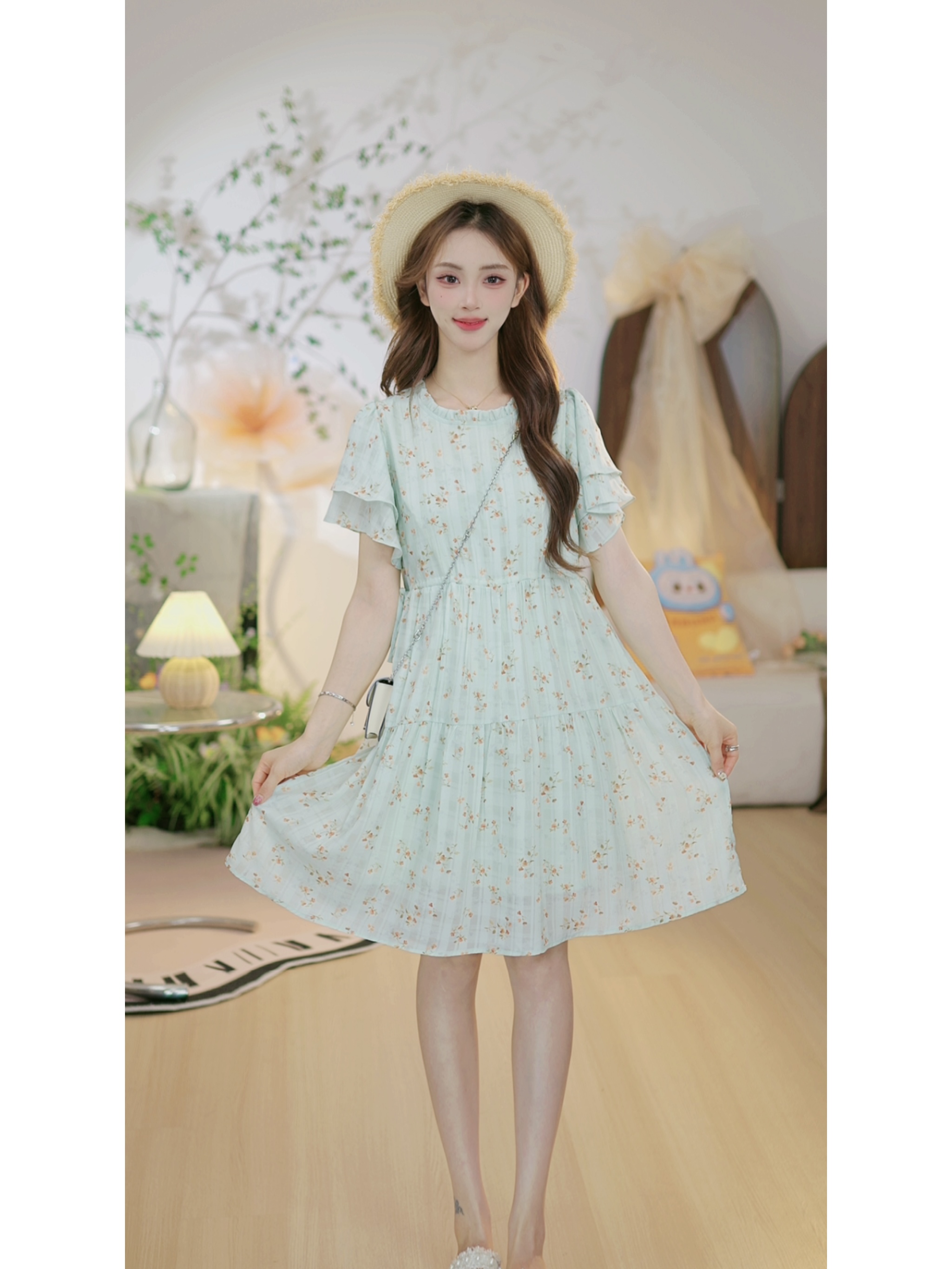 【蜜瓜玫珑U】小清新高腰花色甜美柠檬花园风连衣裙碎花显瘦时尚