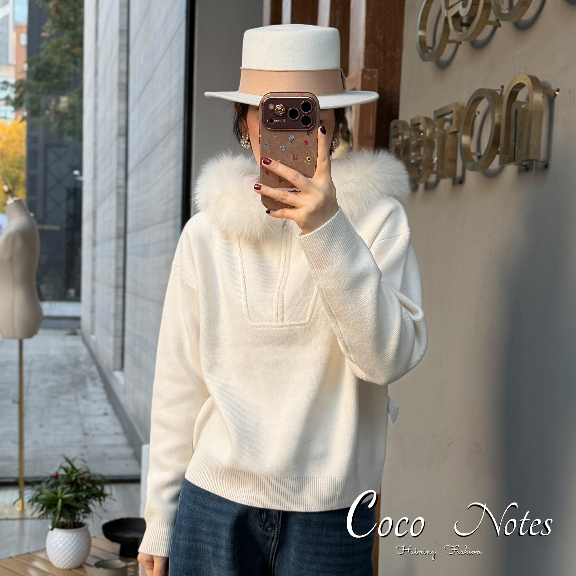  COCO NOTES  DM603全羊毛半拉套头狐狸毛毛领针织羊毛衫外套