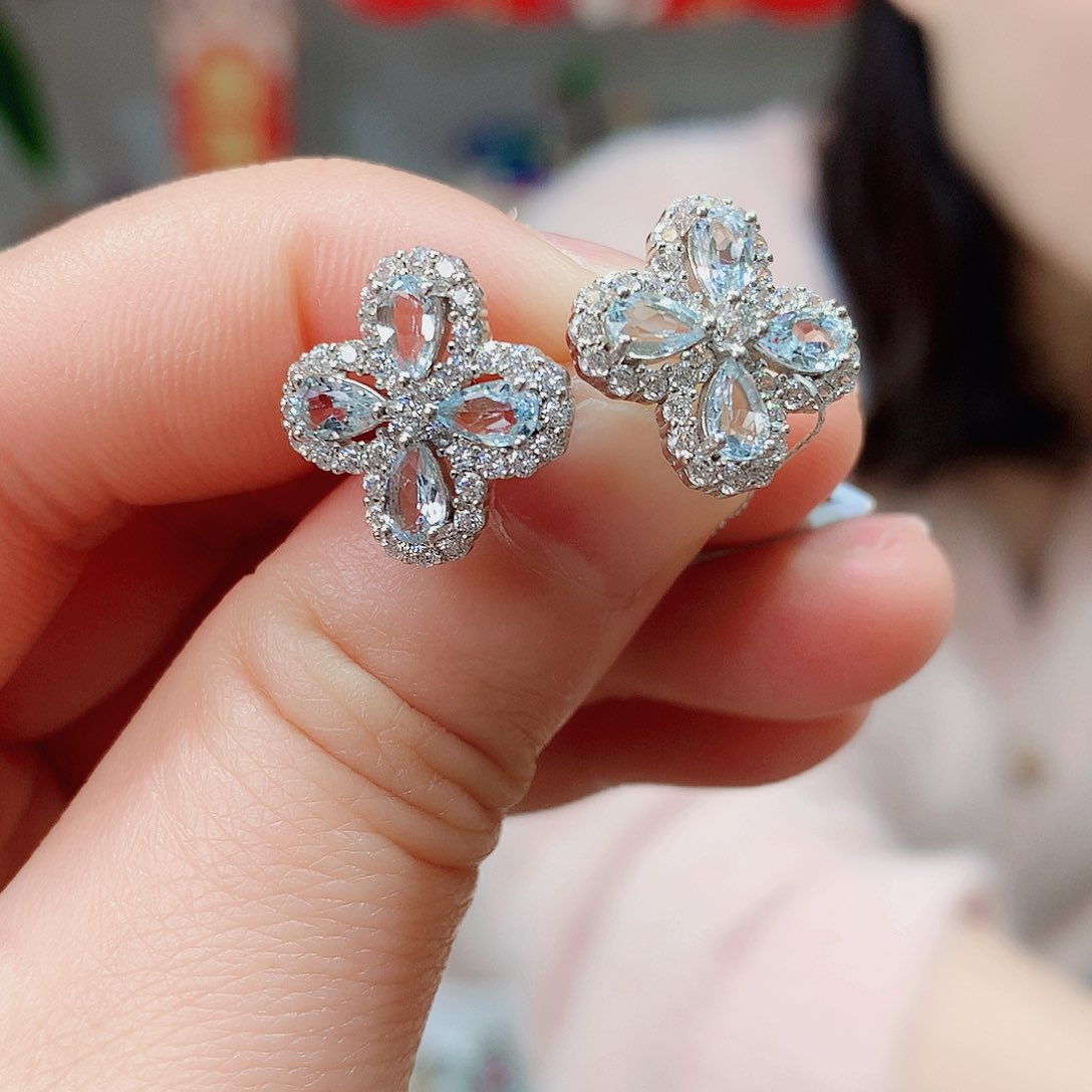 海蓝宝石耳钉银S925镶嵌