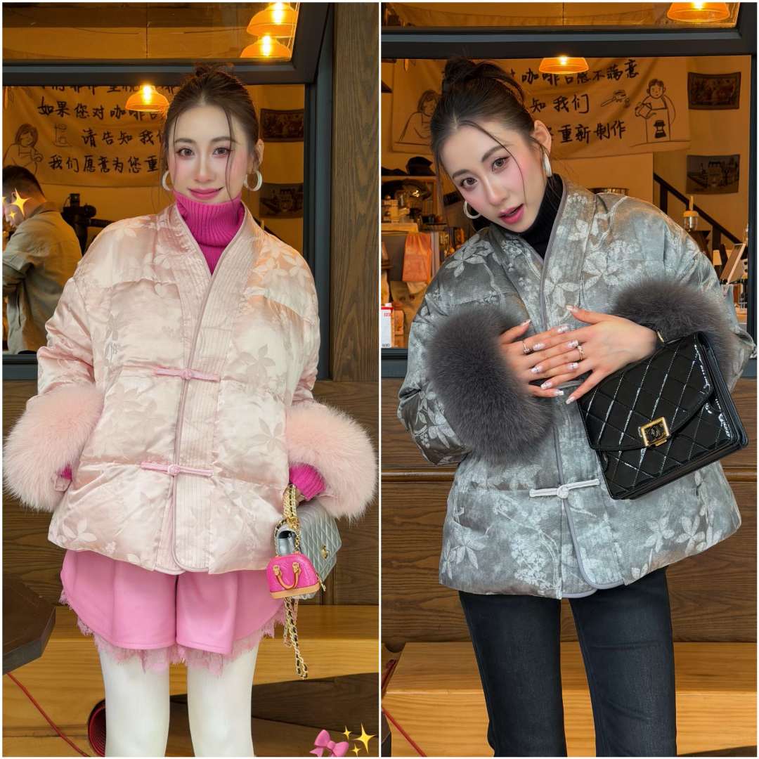 【囍番山·冬】灰粉双色•狐狸毛可拆卸袖口时尚设计保暖羽绒服