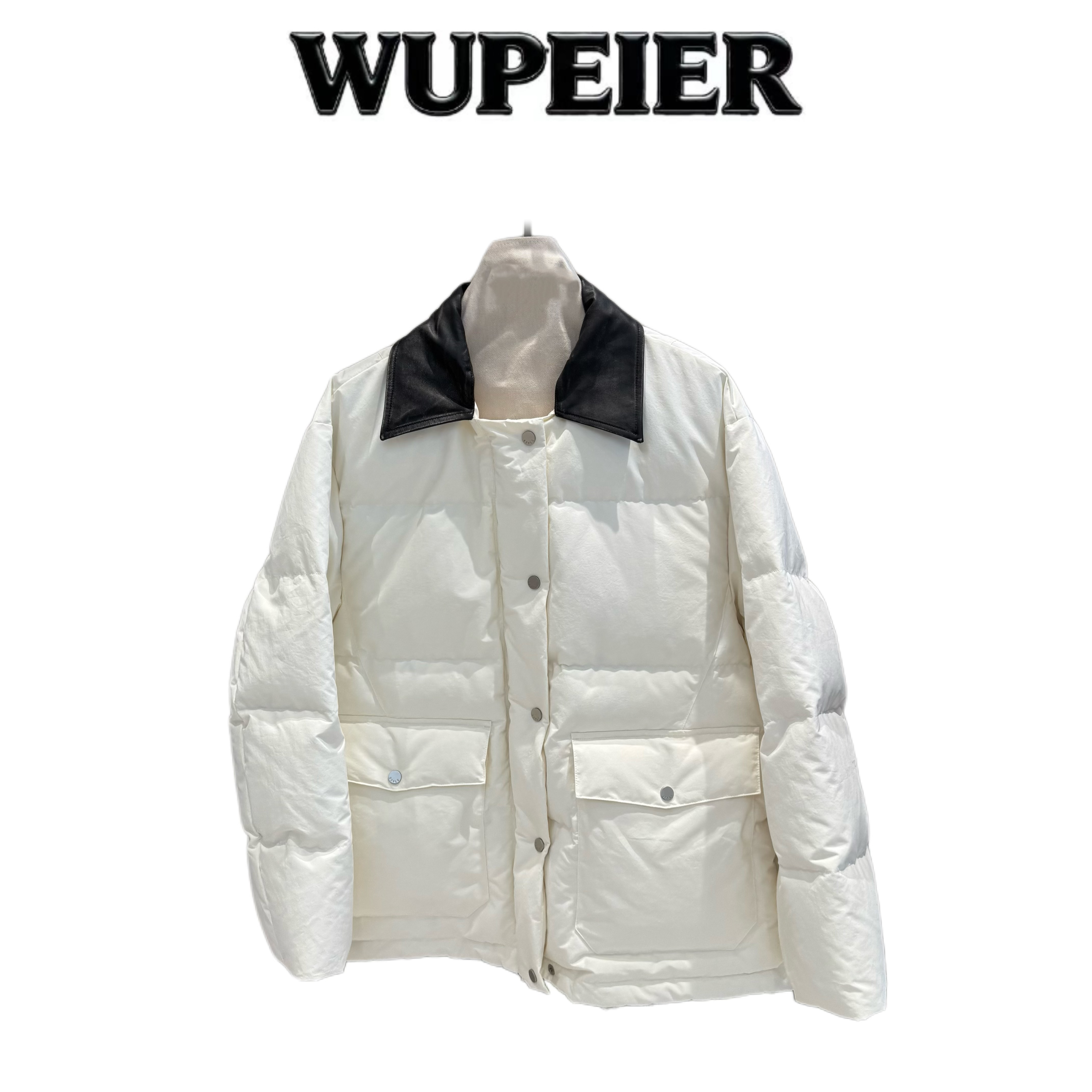 秋冬轻奢翻领拼接皮女士白鹅绒羽绒服外套-369-507